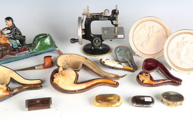 A selection of collectors' items, including a group of 19th century carved meerschaum smoking p