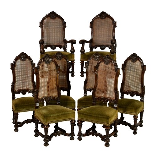 A set of eight Carolean style Victorian dining chairs, in ca...