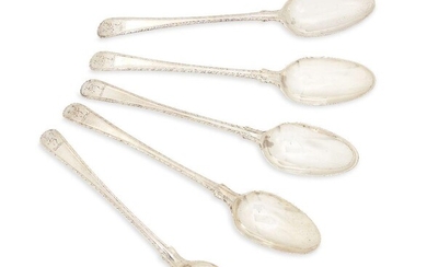 A set of five George III silver spoons, London, c.1769 John Lampfert, the stems designed with feather edge and terminals engraved with stag crest, 18.5cm long, total weight approx. 5.5oz (5)