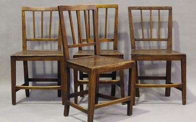 A set of four George III provincial elm rail back dining chairs, height 85cm, width 47cm, depth 42cm