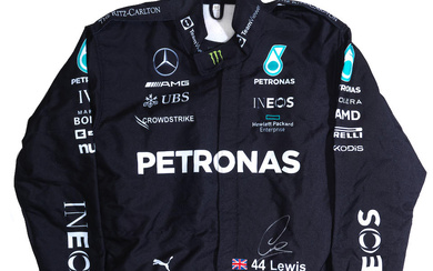 A signed replica Lewis Hamilton race suit