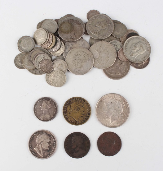 A small collection of British and world silver and silver nickel coinage, including a USA dollar 192