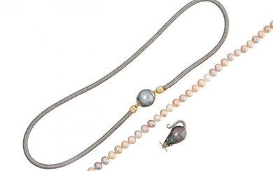 A small group of cultured pearl jewellery, comprising: a wirework flexible necklace, the clasp formed from a single hollowed grey cultured pearl, necklace length 43.5cm; a single earstud designed as a mouse formed from a grey baroque cultured pearl...