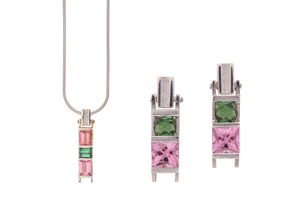 A tourmaline pendant necklace and earring suite, by...