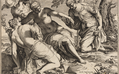 AGOSTINO CARRACCI Mercury and the Three Graces. Engraving, 1589. 199x255 mm; 7 7/8x10...