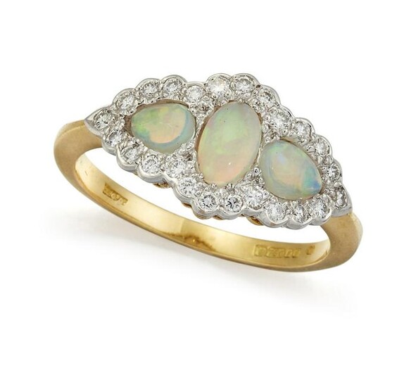 AN 18 CARAT GOLD OPAL AND DIAMOND RING, the central