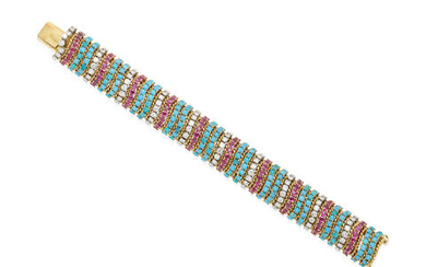 AN 18K GOLD, DIAMOND, RUBY AND TURQUOISE BRACELET, ITALY