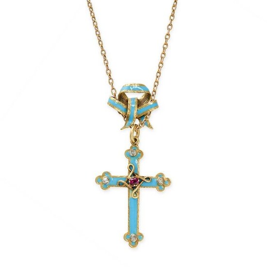 AN ANTIQUE RUBY, DIAMOND AND ENAMEL CROSS PENDANT AND