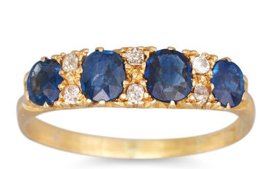AN ANTIQUE SAPPHIRE FOUR STONE RING, with diamond points, mo...