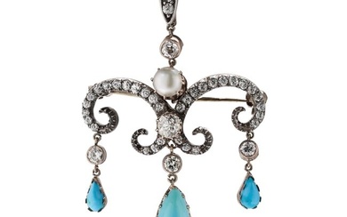 AN ANTIQUE TURQUOISE, DIAMOND AND PEARL BROOCH / PENDANT in yellow gold and silver, the scrolling