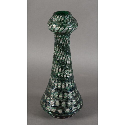 AN IRIDESCENT GREEN GLASS VASE of tall waisted form with ope...