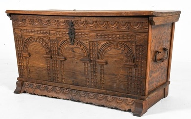 ANTIQUE CARVED WEDDING CHEST OR COFFER