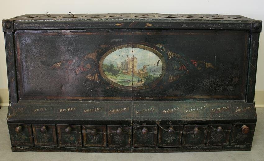 ANTIQUE PAINTED TIN STORE SPICE CABINET