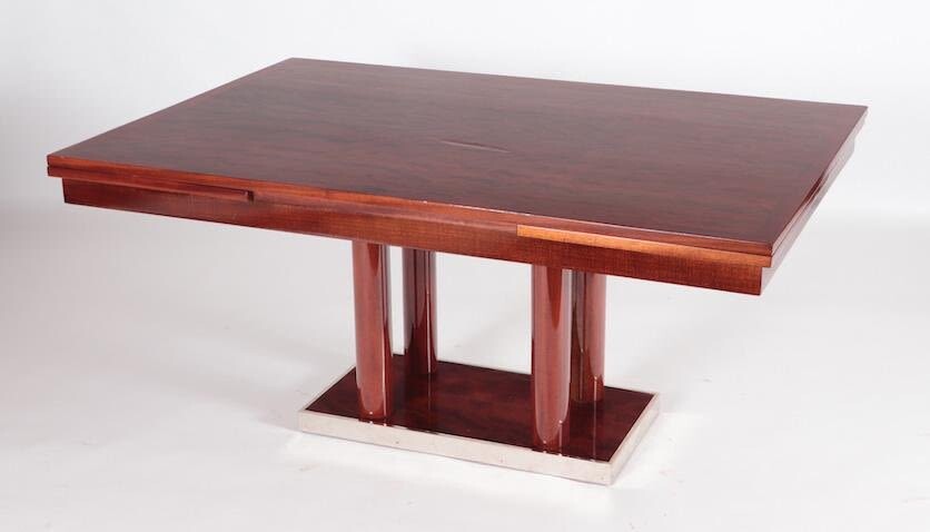ART DECO MAHOGANY AND METAL DINING TABLE