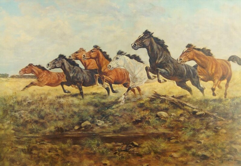 After George Majewicz, German 1897-1965- Horses galloping; oleograph on canvas, signed within the plate, 62 x 90 cm
