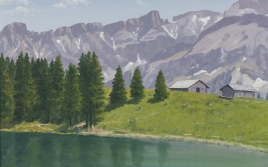 Albert DUPLAIN (1890 - 1978), "Alpes Vaudoises Les Diablerets Lac Retaud", huile