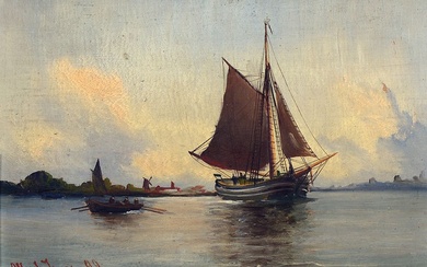 Alfred Jensen, 1859 Randers-1935 Hamburg, sailing ship on quieter lake,...