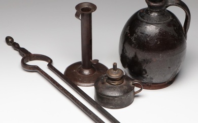 American Colonial Fireplace Tongs, Redware Jug, Candlestick and Oil Chamber Lamp