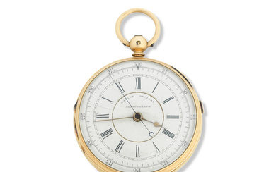 An 18K gold key wind open face chronograph pocket watch...