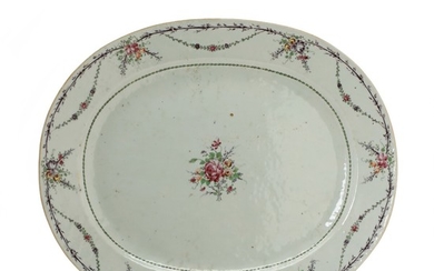 An 18th century Chinese export enamelled porcelain dish, Qianlong. L. 42 cm W. 35 cm.