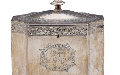 An English Regency silver tea caddy, rectangular form with retracted corners, engraved...