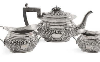 An English sterling silver three-piece assembled tea service