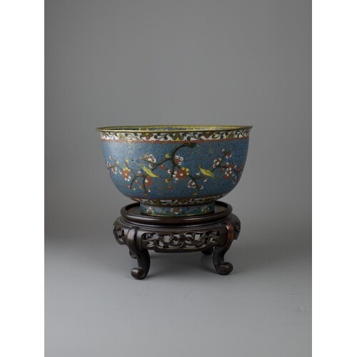An attractive Cloisonne 'songbirds on prunus' Bowl, late Min...