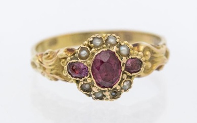 An early Victorian garnet and pearl set 12ct gold ring,...