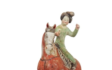 Ancient Chinese, Tang Dynasty Terracotta Painted Red Pottery Female Polo Player Astride a Galloping Pony, TL test, H- 40 cm. - 40×35×15 cm