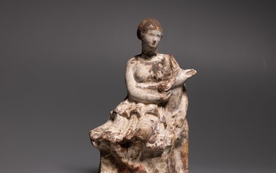Ancient Greek Terracotta Nice tanagra figure Goddess Artemis with a deer. 3rd - 4th century BC. 15.5 cm H. Ex. SOTHEBYS.