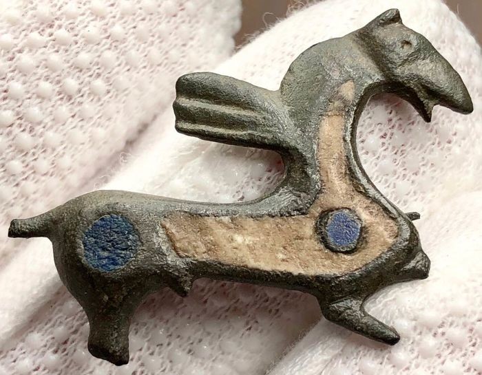 Ancient Roman Bronze Enameled Rare Brooch Fibula shaped as the Mythological wigned horse Pegasus.