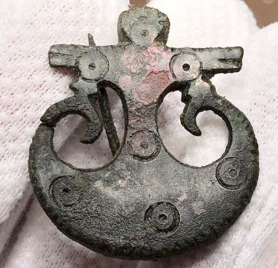 Ancient Roman Bronze Exceptional Brooch shaped as an Anchor & Two Peacock Heads-Christian Symbols of Paradise & Salvation