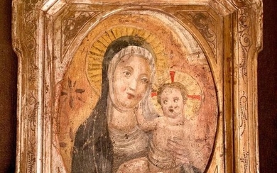 Ancient tear of decorative fresco / "Madonna With Child" / In a coeval frame with gold leaf - Tempera on canvas / wall derivatives - 19th century
