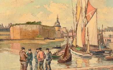 André DEMOLY (1889-1961) "Concarneau, sailors in discussion in front of the walled city" hst sbd 27x35