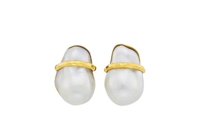 Andrew Clunn Pair of Gold and Baroque Cultured Pearl Earclips