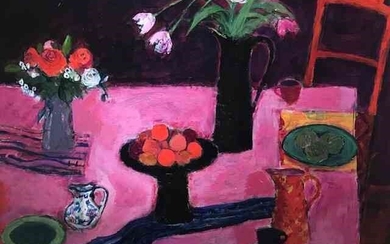 Ann Oram RSW (Scottish, B.1956) "Still Life On A Pink Table" acrylic on gesso board, signed to lower