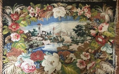 Antique 19th C Floral Motif Castle Scene Tapestry