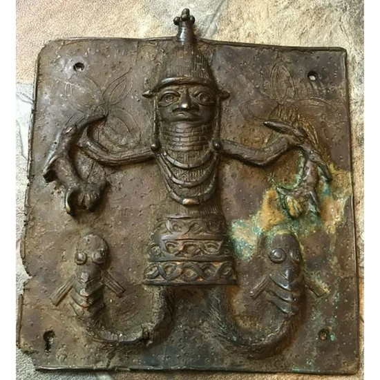 Antique African Benin Bronze Warrior Plaque