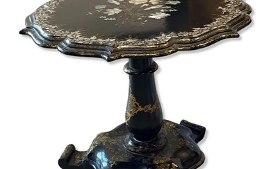 Antique English Paper Mache & Mother of Pearl Inlaid Side Table