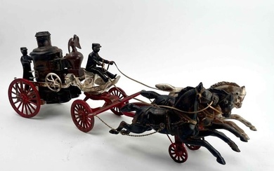 Antique Hubley Cast Iron Three Horse Drawn Iron Fire Pump Wagon