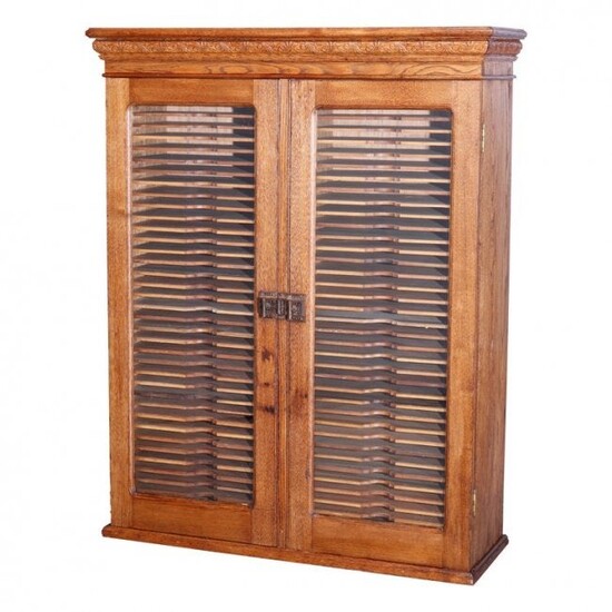 Antique Oak Postmaster Double Door Hanging Wall Cabinet