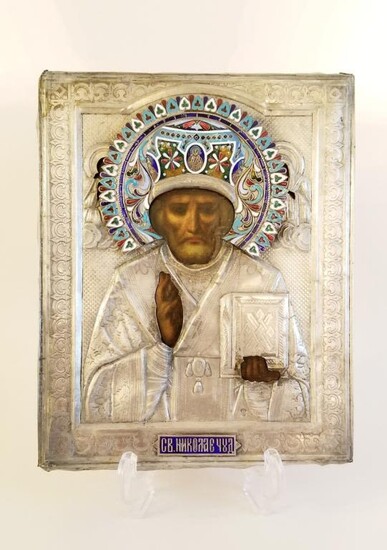 Antique Russian Silver Enamel Icon St.Nicholas