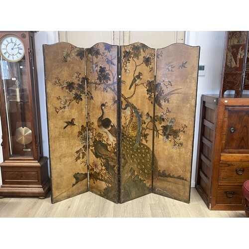 Antique four fold floor screen, painted leather and canvas b...