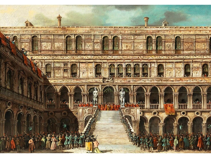 Antonio Joli, 1700 Modena – 1777 Neapel, KRÖNUNG DES DOGEN AUF DER SCALA DIE GIGANTI AM PALAZZO DUCALE