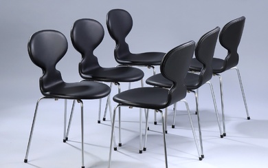 Arne Jacobsen. A set of six chairs, 'The Ant', model 3101, black aniline leather. (6)