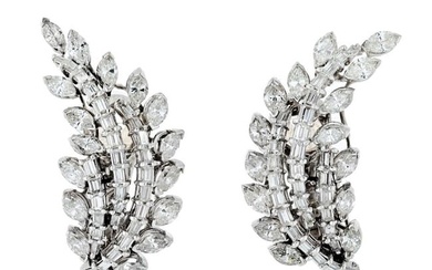 Art Deco Platinum Diamond Leaf Earrings