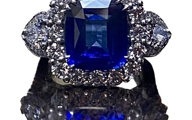 Art Deco Style Platinum Halo Diamond Cushion Cut Blue Sapphire Engagement Ring