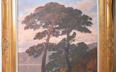 Artiste inconnu (20e s.), représentation d'une forêt au coucher du soleil avec vue sur un...