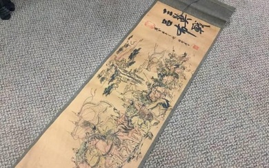 Asian Painted 4 Warriors Legend Scroll With Marks