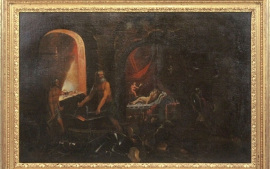 Attr. a Joseph Heintz il Giovane (Augusta, 1600 circa – Venezia, 1678), Venere e Marte nella fucina di Vulcano (Allegoria del Fuoco), entro cornice